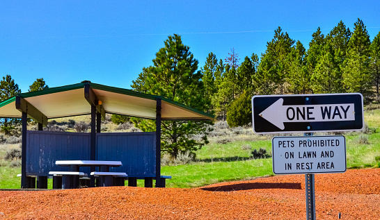 Montana, USA - April  28, 2018: information signs near the recreation area near the highway in Montana, USA