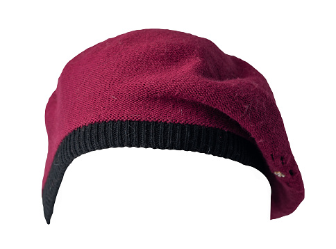 dark red black knitted female  beret isolated on white background. autumn accessory