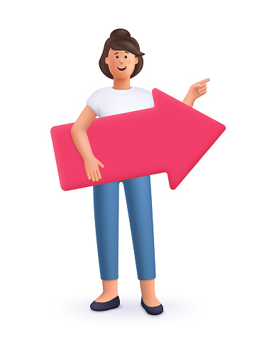 Young smiling woman holding direction arrow banner and pointing right up. 3d vector people character illustration. Cartoon minimal style.