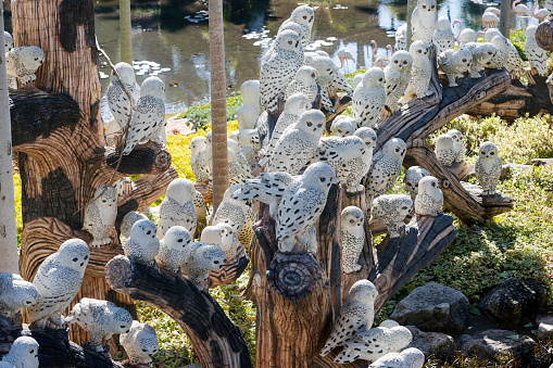 Pattaya, Thailand - 22 December, 2023: Sculptures of Polar owls in Nong Nooch Tropical Botanical Garden in Pattaya, Thailand