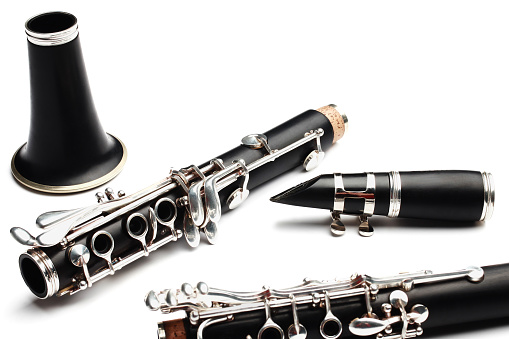 Clarinet classical music instrument. Orchestra woodwind instruments isolated on white