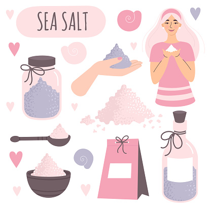 Set of elements with sea salt.Woman holding salt. Glass jar, bottle, with loose salt. Spa care, health care, bath with salt. Vector illustration in cartoon style isolated on white background