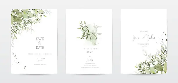 Vector illustration of Set of invitation template cards with botanical and watercolor stains