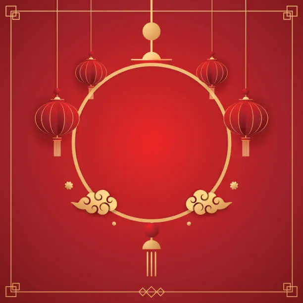 Vector illustration of Happy Chinese new year 2024. Chinese new year banner for show product. Greeting card. China frame with lantern on red background.