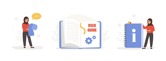 User manual concept. Female characters with guide instructions. Arabian women reading user agreement, terms and conditions. FAQ or customer support. Set of vector illustrations in flat cartoon style.