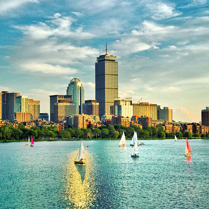 Back Bay Boston skyline as seen from the Longfellow Bridge over the Charles River Esplanade
