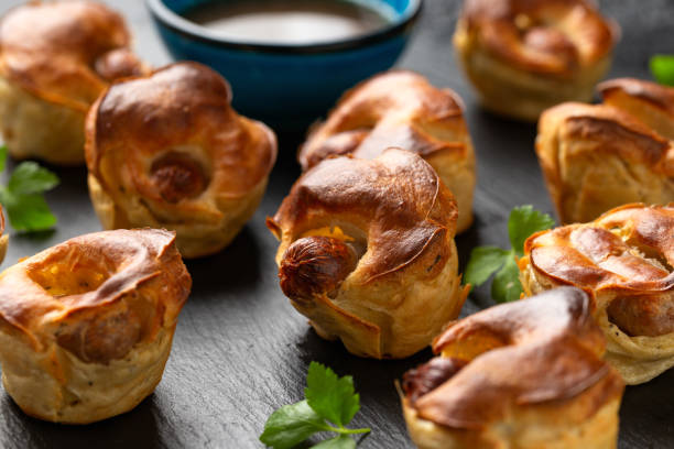 Mini Toad in the hole, Baked sausages in Yorkshire pudding with gravy