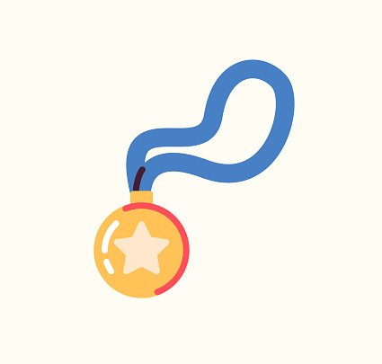 Gold medal and blue ribbon, victory winner champion award, competetion gold star badge concept flat vector illustration.