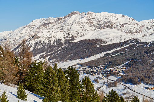 Day view of Livigno, a popular sky resort destination in the Italian Alps. Province of Sondrio. Italy.