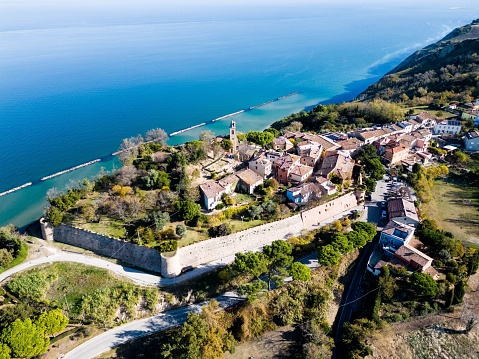An area view of the medieval village of Fiorenzuola di Focara on the San Bartolo between Pesaro and Romagna