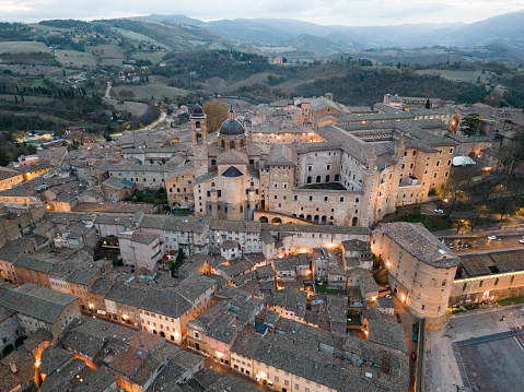 An area view of the medieval village of Urbino in the province of Pesaro and Urbino just after sunrise