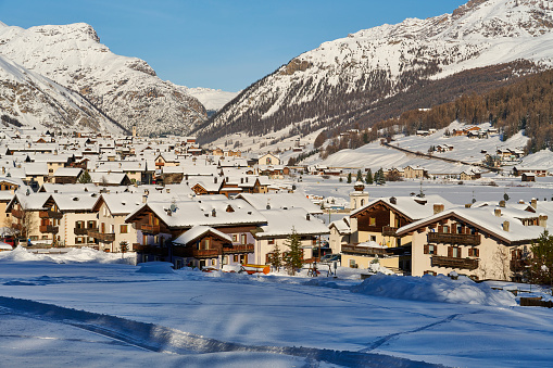 Day view of Livigno, a popular sky resort destination in the Italian Alps. Province of Sondrio. Italy.