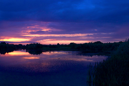 Blue purple sky at dusk by the forest lake