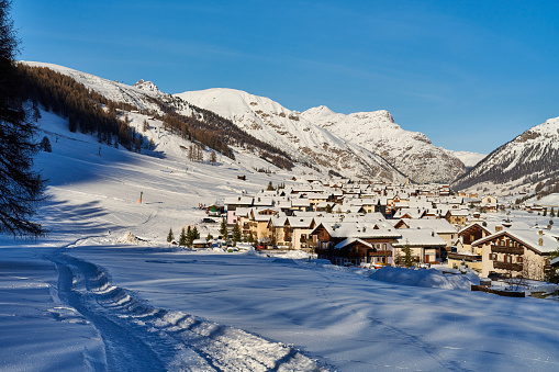 Day view of Livigno, a popular sky resort destination in the Italian Alps. Province of Sondrio. Italy.