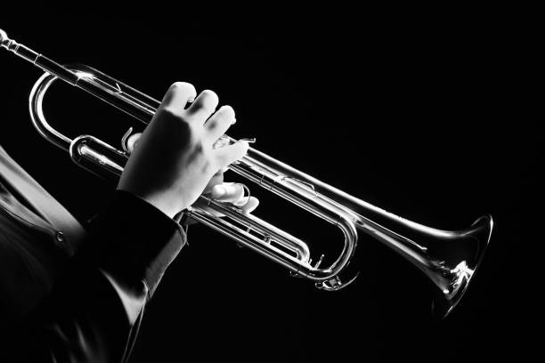 Trumpet player. Trumpeter playing jazz musical instrument