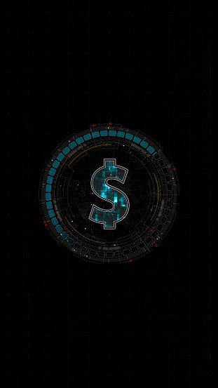 Blue digital money logo with rotation HUD UI circle technology interface and futuristic elements abstract background crypto currency finance and digital money vertical concepts