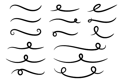 Underline text. Hand drawn collection of curly swishes, swashes, swoops. Calligraphy swirl. Highlight text elements.