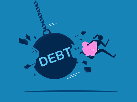 Saving or investing to pay off debt. Businesswoman breaks debt ball vector