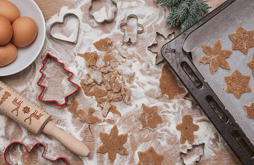 Directly above view of cookie dough, kitchen utensils and cookie cutters for christmas cookies