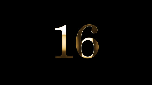 Golden number 16 with gold particles, alpha channel, golden numerology, golden number sixteen