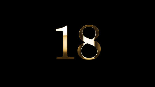 Golden number 18 with gold particles, alpha channel, golden numerology, golden number eighteen