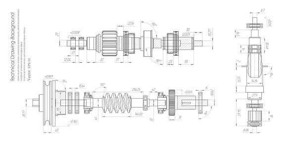 Technical drawing .Rotating mechanism of round parts .