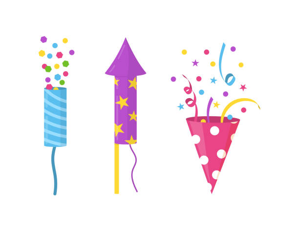 взрывные элементы с разноцветным конфетти на день рождения или юбилей. фейерверки, петарды и хлопушки. - streamer congratulating party popper birthday stock illustrations