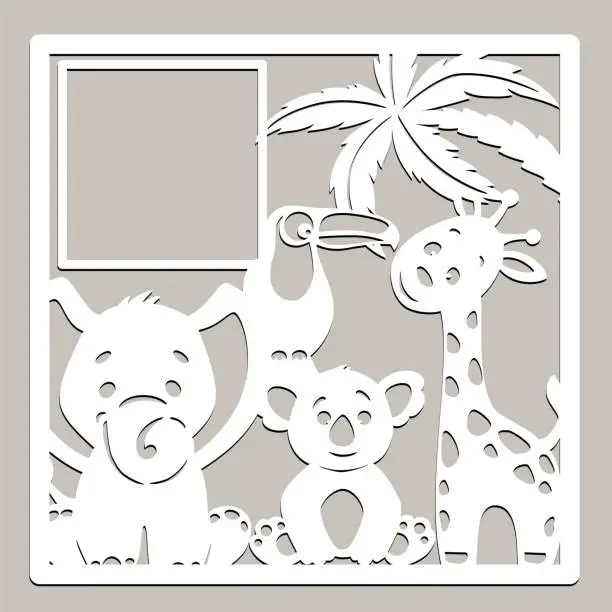 Vector illustration of Elephant, koala, toucan, giraffe, palm tree, cute tropical animals  For laser plotter cutting, for baby decor.