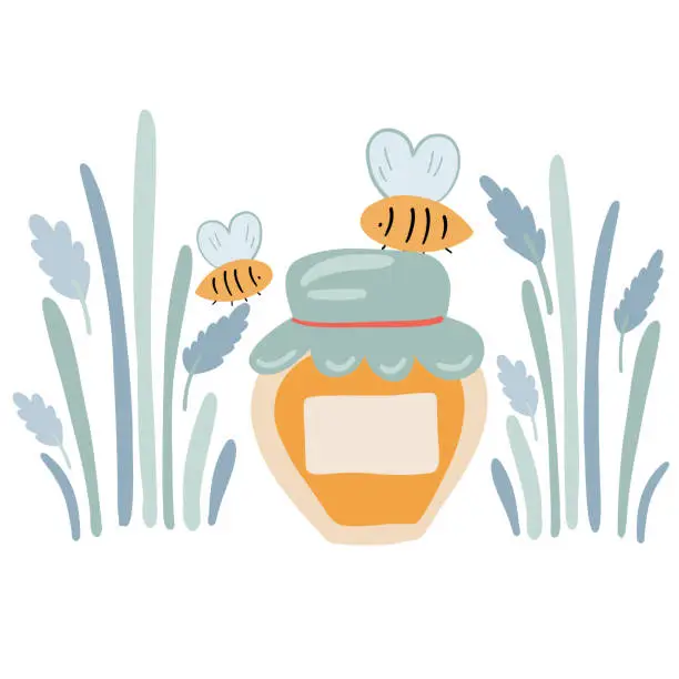 Vector illustration of Honey jar grass and flat design bees with lavender