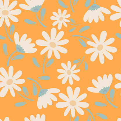 Groovy trendy flat design camomile seamless pattern. Vector illustration