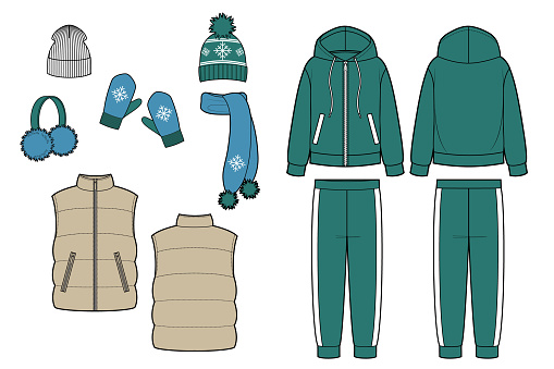Set of warm clothes. Down waistcoat, suit, hats, scarf and gloves.