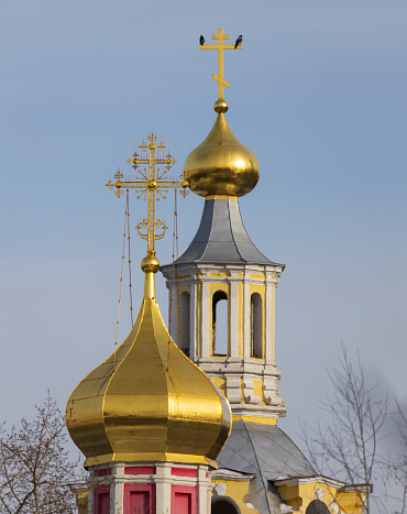 A majestic gold and silver domed building with a prominent cross atop, surrounded by trees and set against a stunning sky, evokes the grandeur of a church or monastery