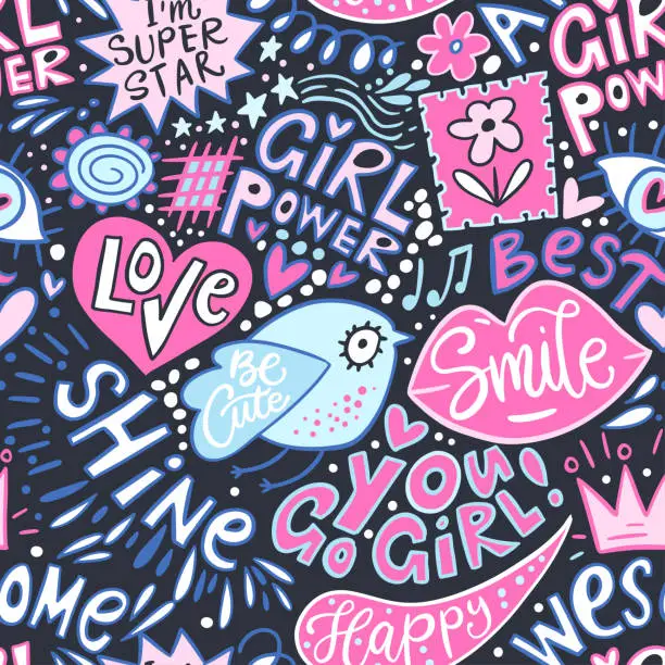 Vector illustration of Cute lettering girly seamless pattern vector cool bird funny girl power smile quotes