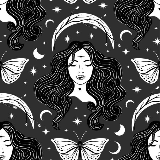 마법 마녀 여자 아름 다운 소녀 달과 나비 꿈꾸는 벡터 완벽 한 패턴 - moon women crescent teenage girls stock illustrations