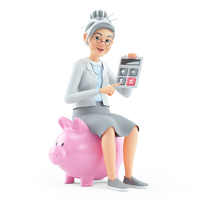 3d cartoon granny sitting on piggy bank with calculator, illustration isolated on white background