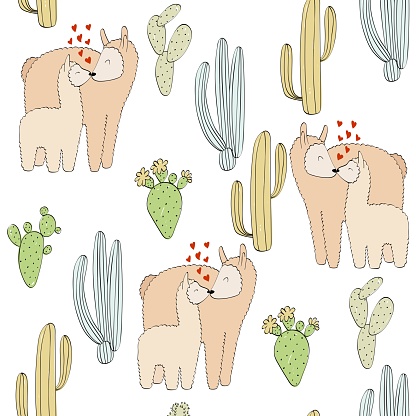 Seamless pattern. Vector lama mom and baby