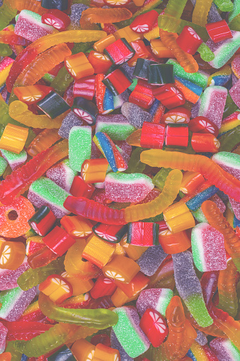 Assorted tasty gummy candies. Top view. Jelly  sweets background.