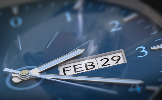 Clock with february 29th written on it. Leap year concept. 3d illustration.