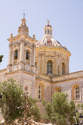 Dome and bell tower of St. Paul's Collegiate Church in Rabat, Malta