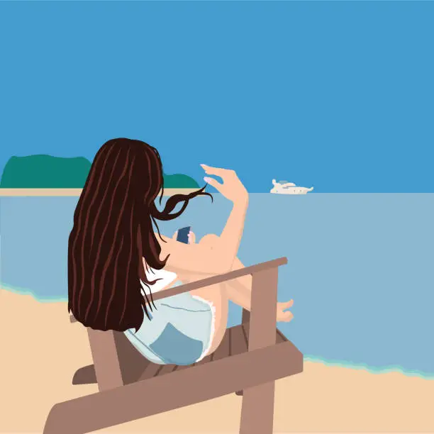 Vector illustration of Young Woman Sitting Relaxed On Beach Chair With Smartphone In Hands In Seaside Background