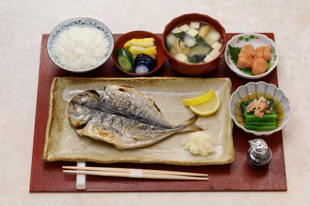 istock grilled fish (semi-dried horse mackerel) set meal, traditional Japanese breakfast 1985469091