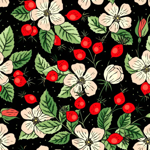 Vector illustration of Eglantine Rose Hip Flower and red berry flower seamless vector pattern background.