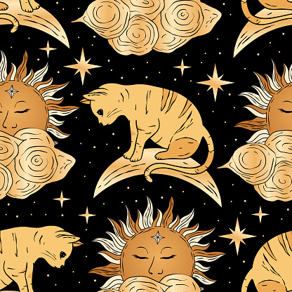 Magic Cat with Sun Moon and Star Celestial Seamless Vector Pattern. Fairy Kitten Animal Golden Background Astrology Esoteric Fantasy Art.