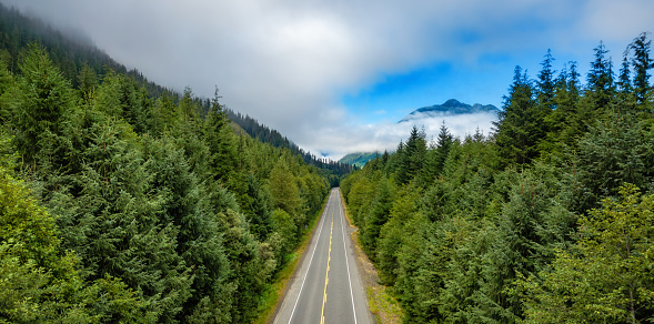 Highway in Vancouver Island, BC, Canada. Canadian Nature Landscape. Aerial View