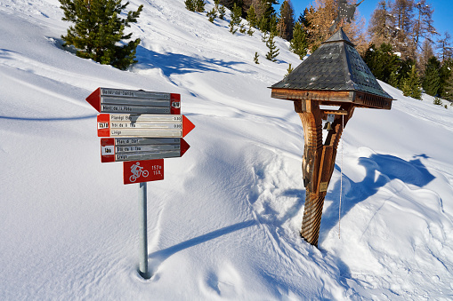 Trail signs in Livigno. Province of Sondrio. Italy.