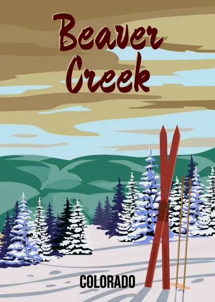 Vector illustration of Ski Travel resort poster vintage Beaver Creek. Colorado USA winter landscape travel card