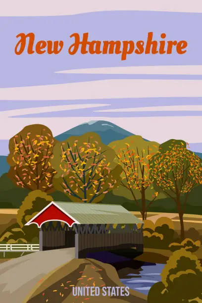 Vector illustration of New Hampshire USA Travel Poster, autumn rural landscape