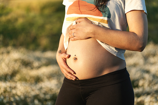 Portrait of a woman during the first months of pregnancy stroking her belly gently in nature in the sun in the family way
