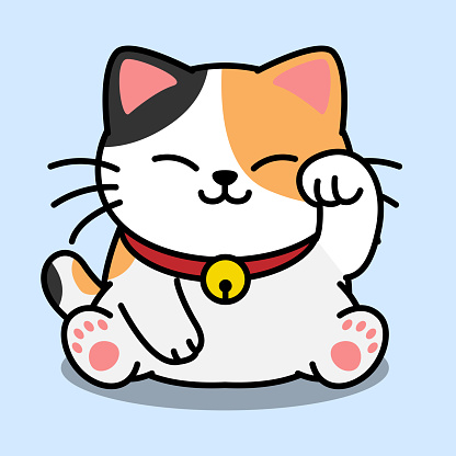 Maneki neko kawaii lucky cat three color cartoon, vector illustration