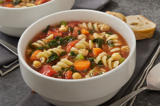Chick Pea and Noodle Soup with Spinach, Tomatoes, Carrots and Celery